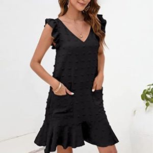 Women's Swiss Dot Short with Pocket Boho Sleeveless V Neck Mini Summer  Dress
